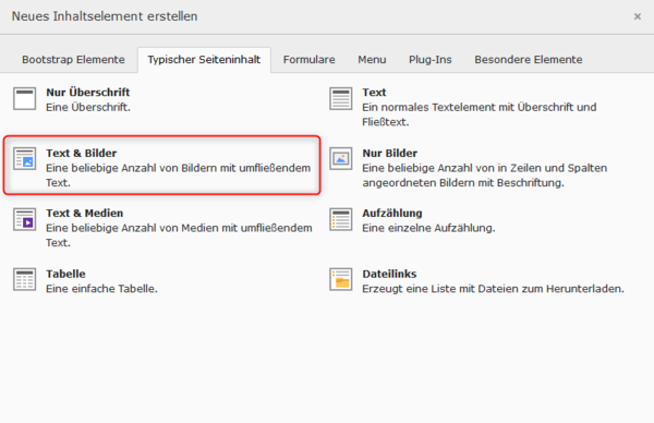 Inhaltselement Text mit Bild erstellen