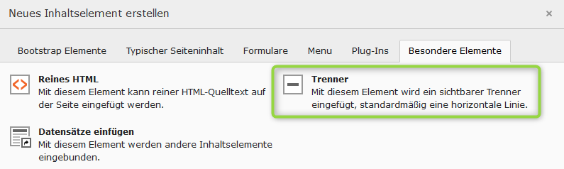 Inhaltselement Trenner erstellen