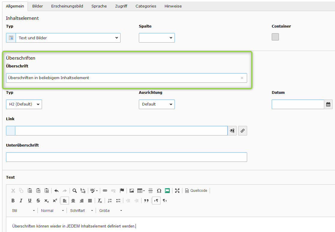 Überschriften in beliebigem Inhaltselement möglich